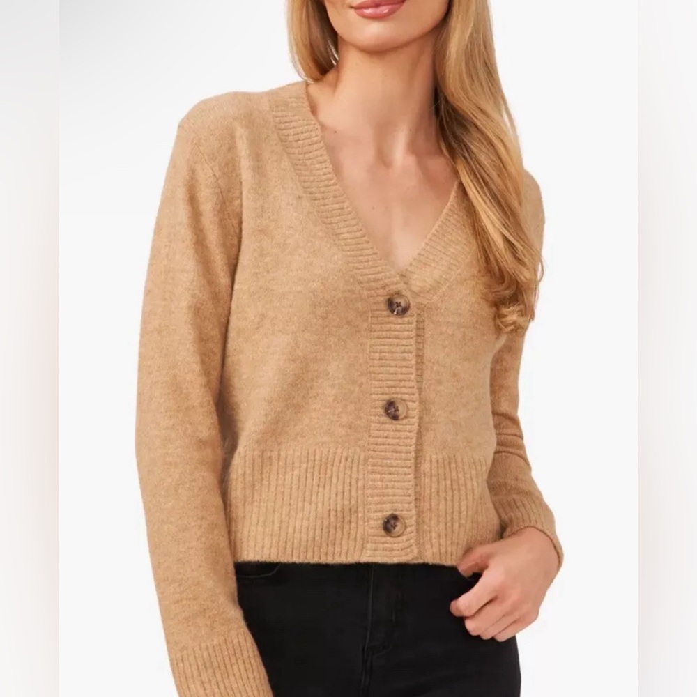 CeCe Size XL Women’s Crop V-Neck Cardigan Sweater In Latte Heather